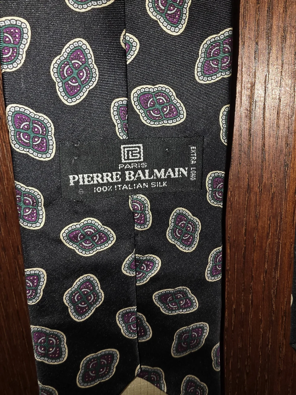 Pierre Balmain Black Silk Tie with Purple & Gray Medallions